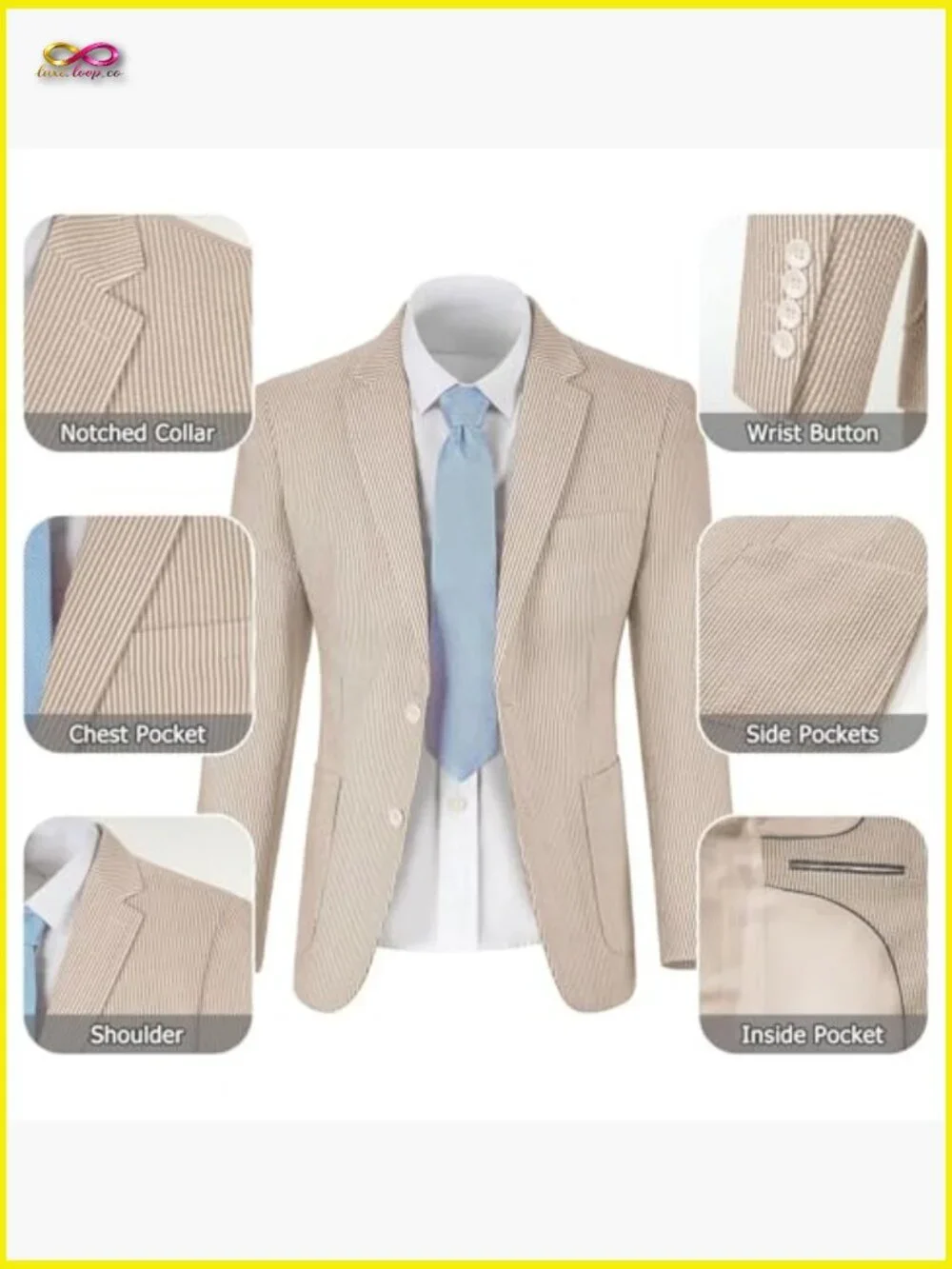 Seersucker Slim Fit Suit Set Formal Summer Wedding Grooms Blazer Pants